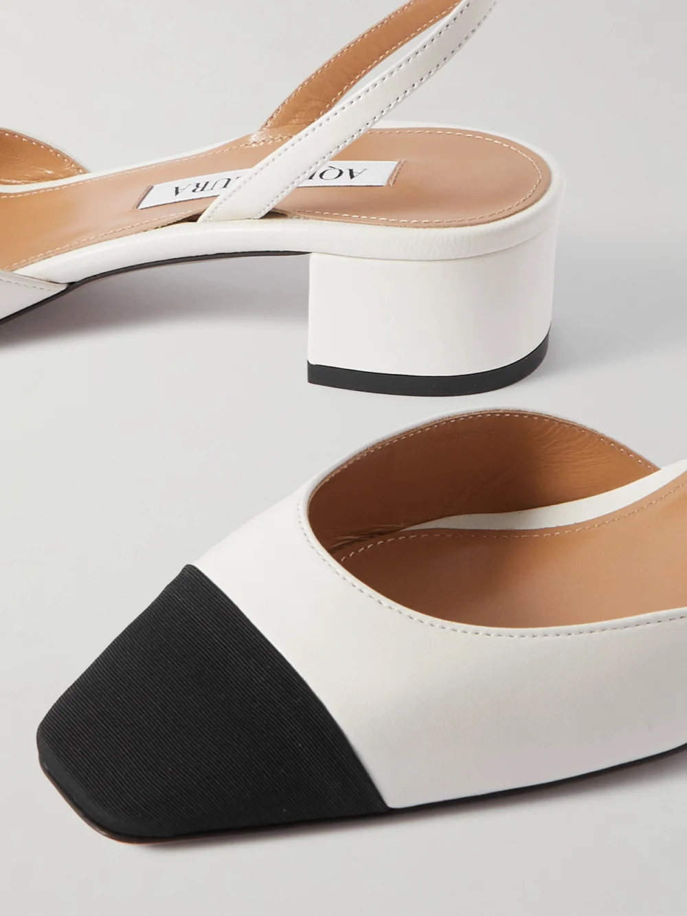 Close-up detail of the Aquazzura French Flirt 35 Grosgrain-trimmed Leather Mary Jane Pumps