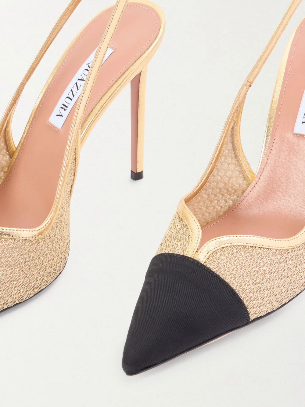 Close-up detail of the Aquazzura Gia 105 Leather-trimmed Mesh and Grosgrain Slingback Pumps