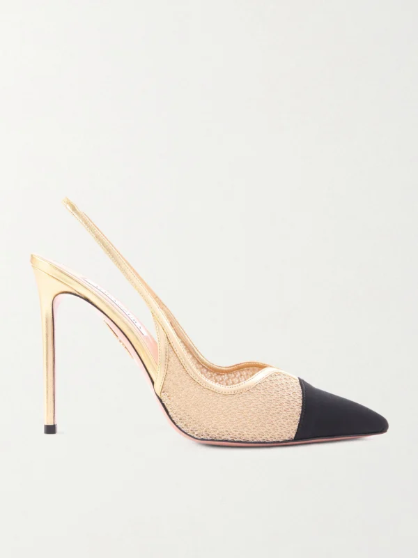 Aquazzura Gia 105 Leather-trimmed Mesh and Grosgrain Slingback Pumps