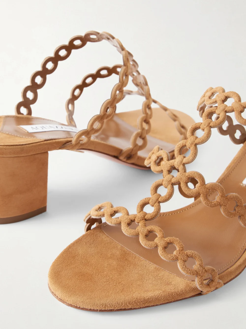 Close-up detail of the Aquazzura Infinity Chain 50 Perforated Suede Mules
