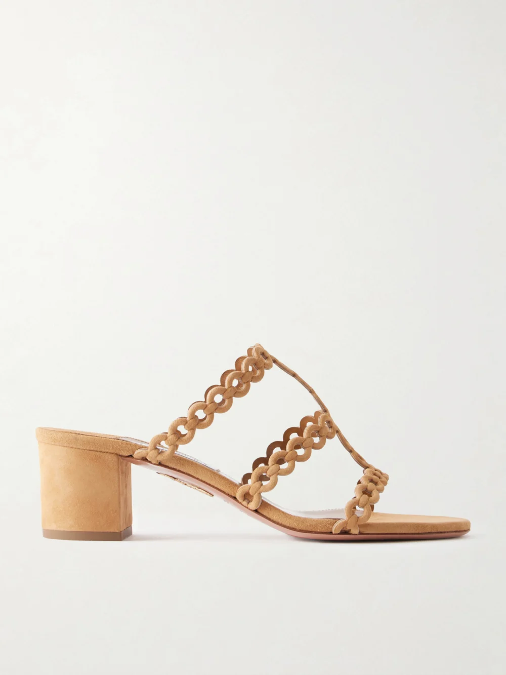 Aquazzura Infinity Chain 50 Perforated Suede Mules in camel