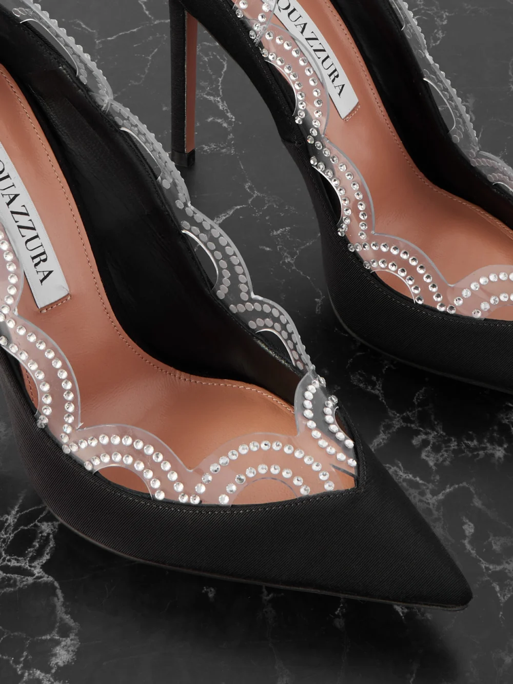 Close-up detail of the Aquazzura Je T'aime 105 Embellished Pvc-trimmed Grosgrain Pumps