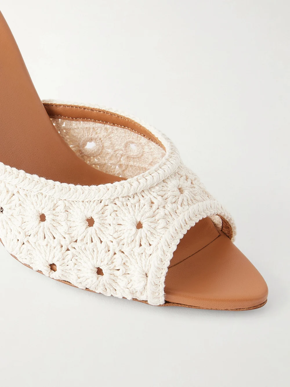 Close-up detail of the Aquazzura Loom 85 Crochet-trimmed Mules