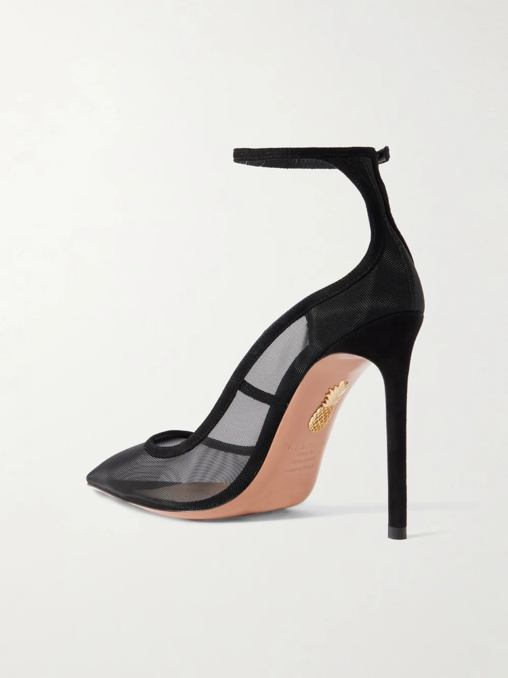 Back view of the Aquazzura Love Affair 105 Suede-trimmed Mesh Pumps