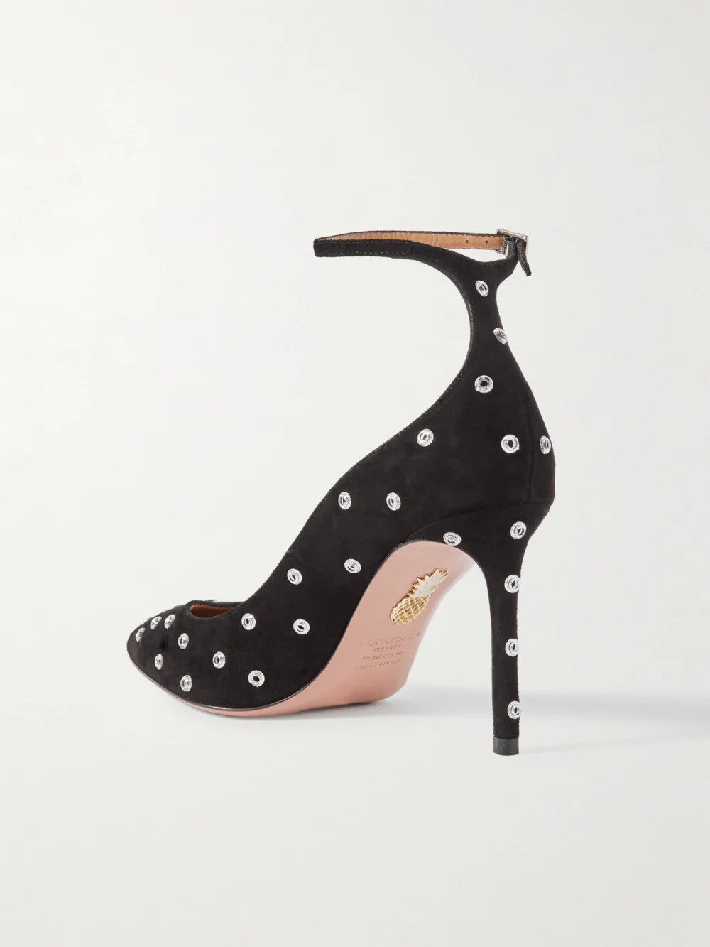 Back view of the Aquazzura Love Affair 85 Embellished Suede Pumps