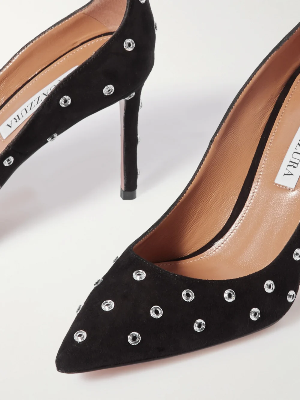 Close-up detail of the Aquazzura Love Affair 85 Embellished Suede Pumps