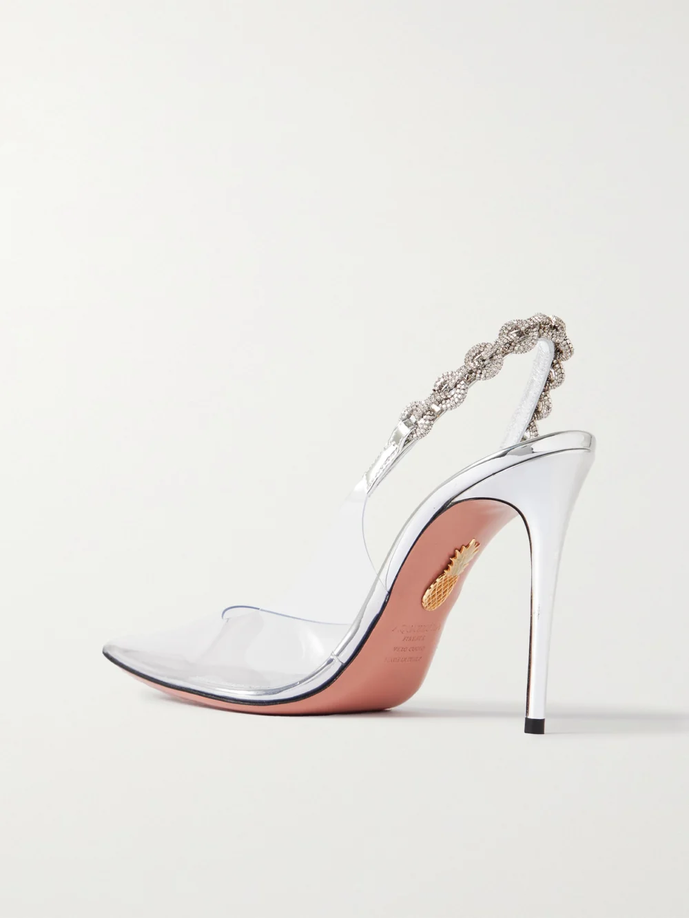 Back view of the Aquazzura Love Link 105 Crystal-embellished Pvc Slingback Pumps