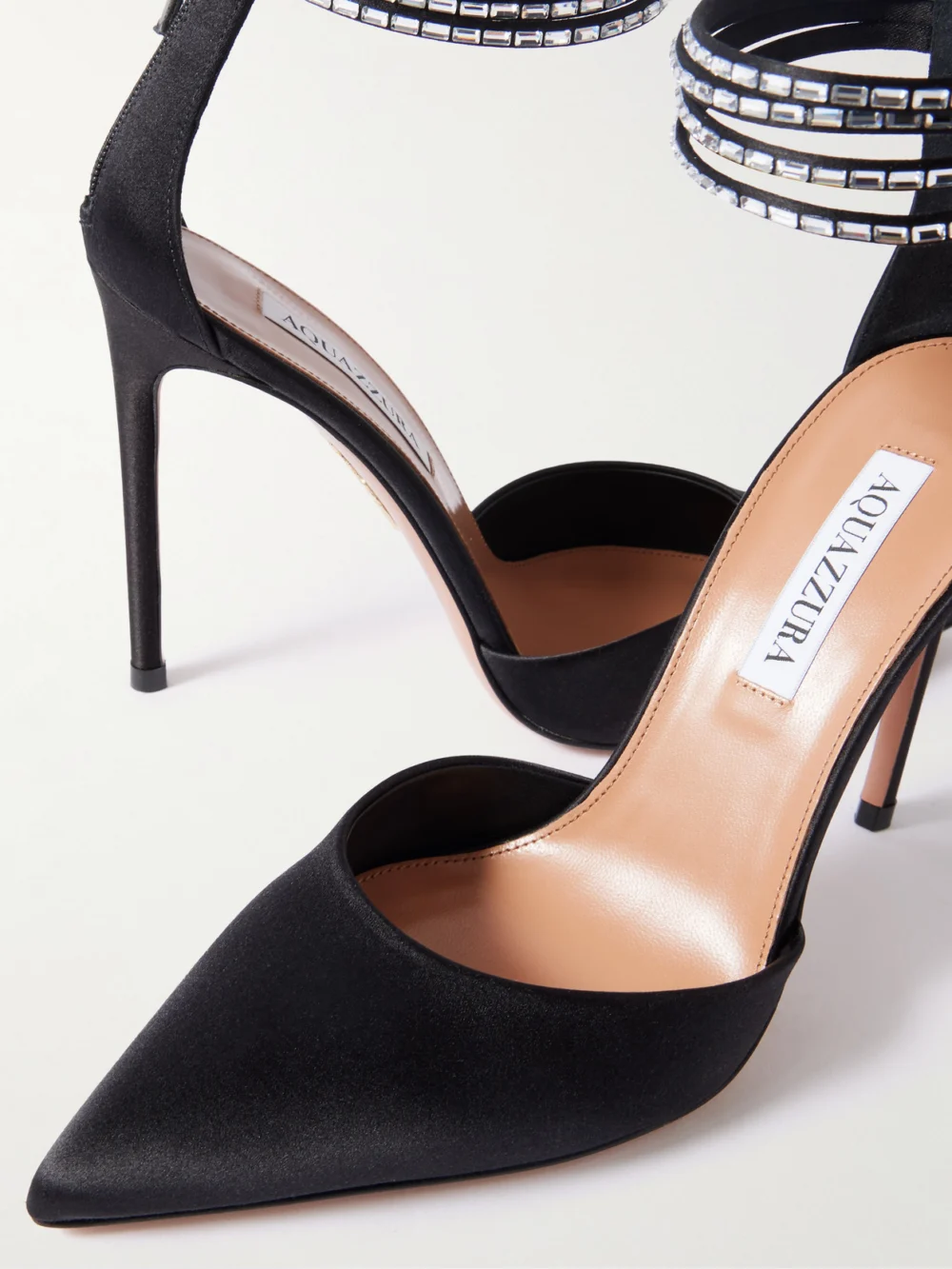 Close-up detail of the Aquazzura Luce 105 Crystal-embellished Satin Pumps