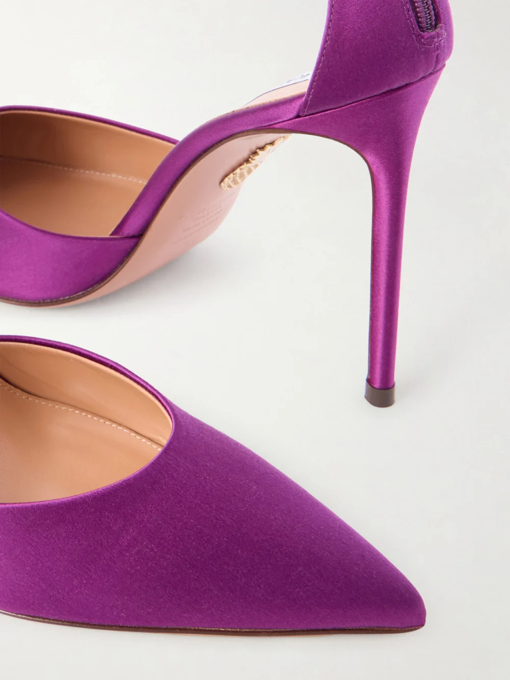 Close-up detail of the Aquazzura Luce 105 Crystal-embellished Satin Pumps