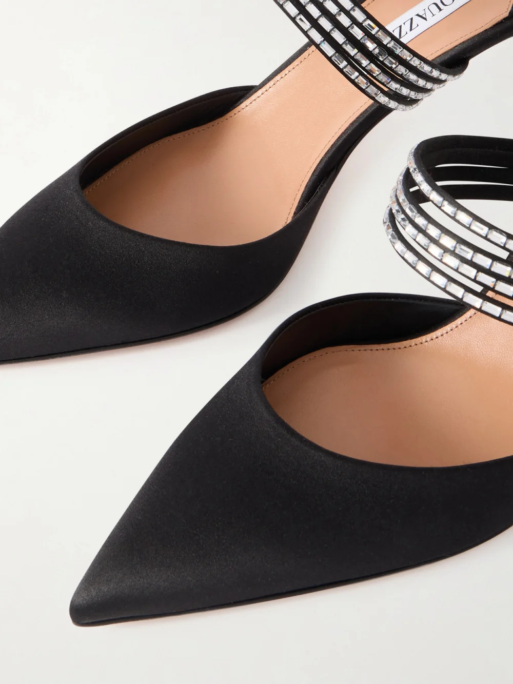 Close-up detail of the Aquazzura Luce 65 Crystal-embellished Satin Mules