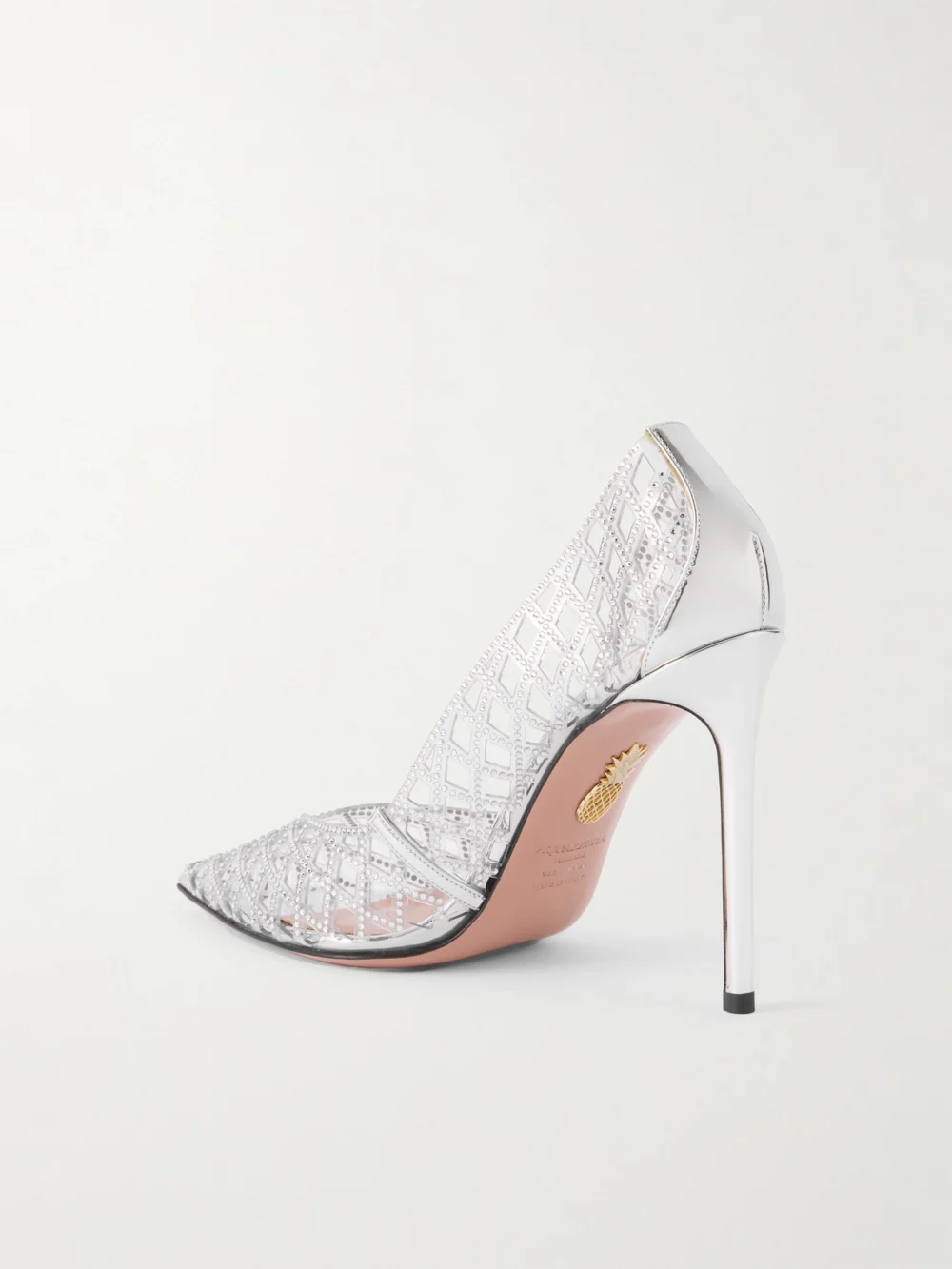 Back view of the Aquazzura Lumiere 105 Metallic Leather-trimmed Crystal-embellished Cutout Pvc Pumps