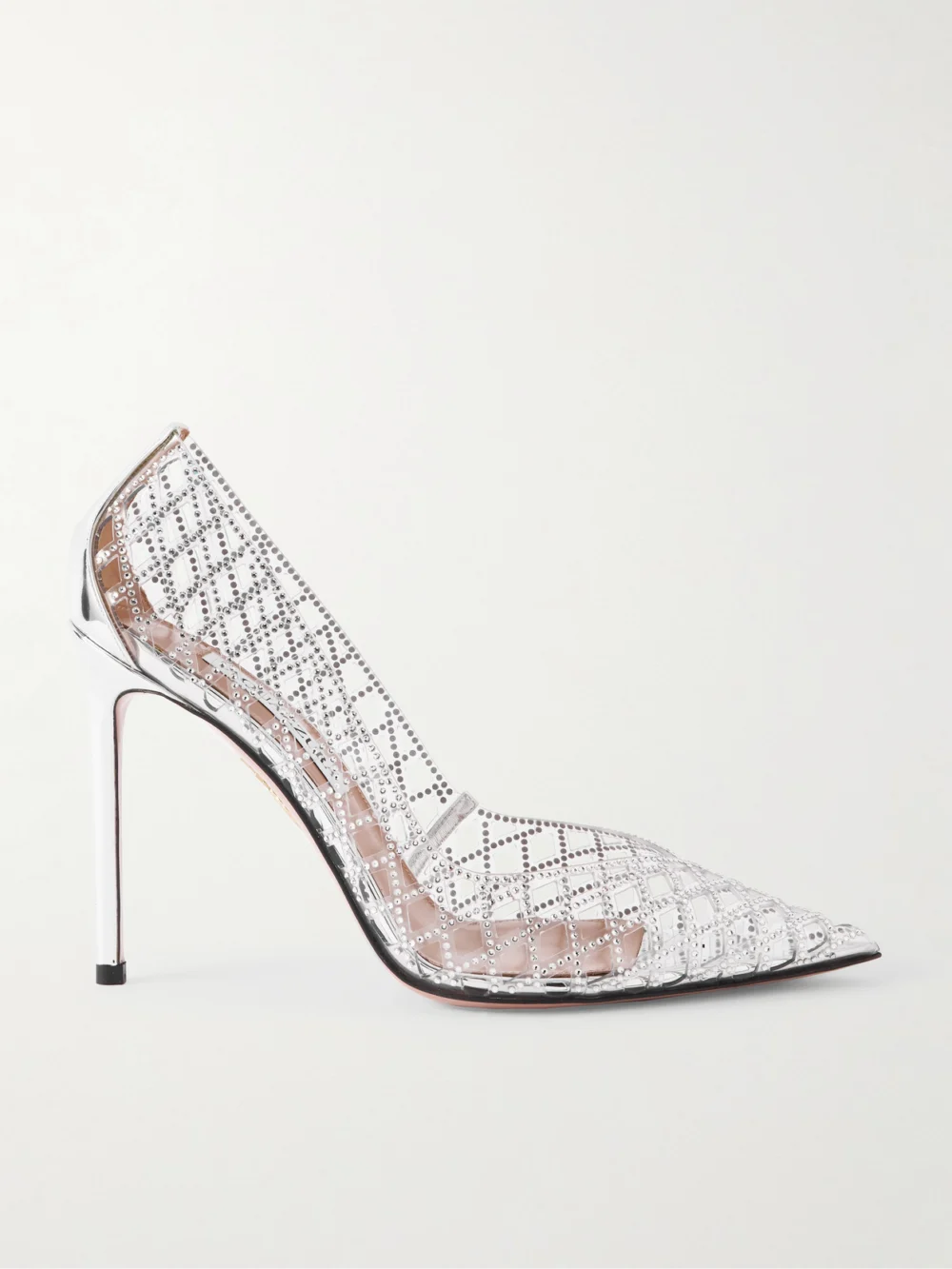 Aquazzura Lumiere 105 Metallic Leather-trimmed Crystal-embellished Cutout Pvc Pumps in silver
