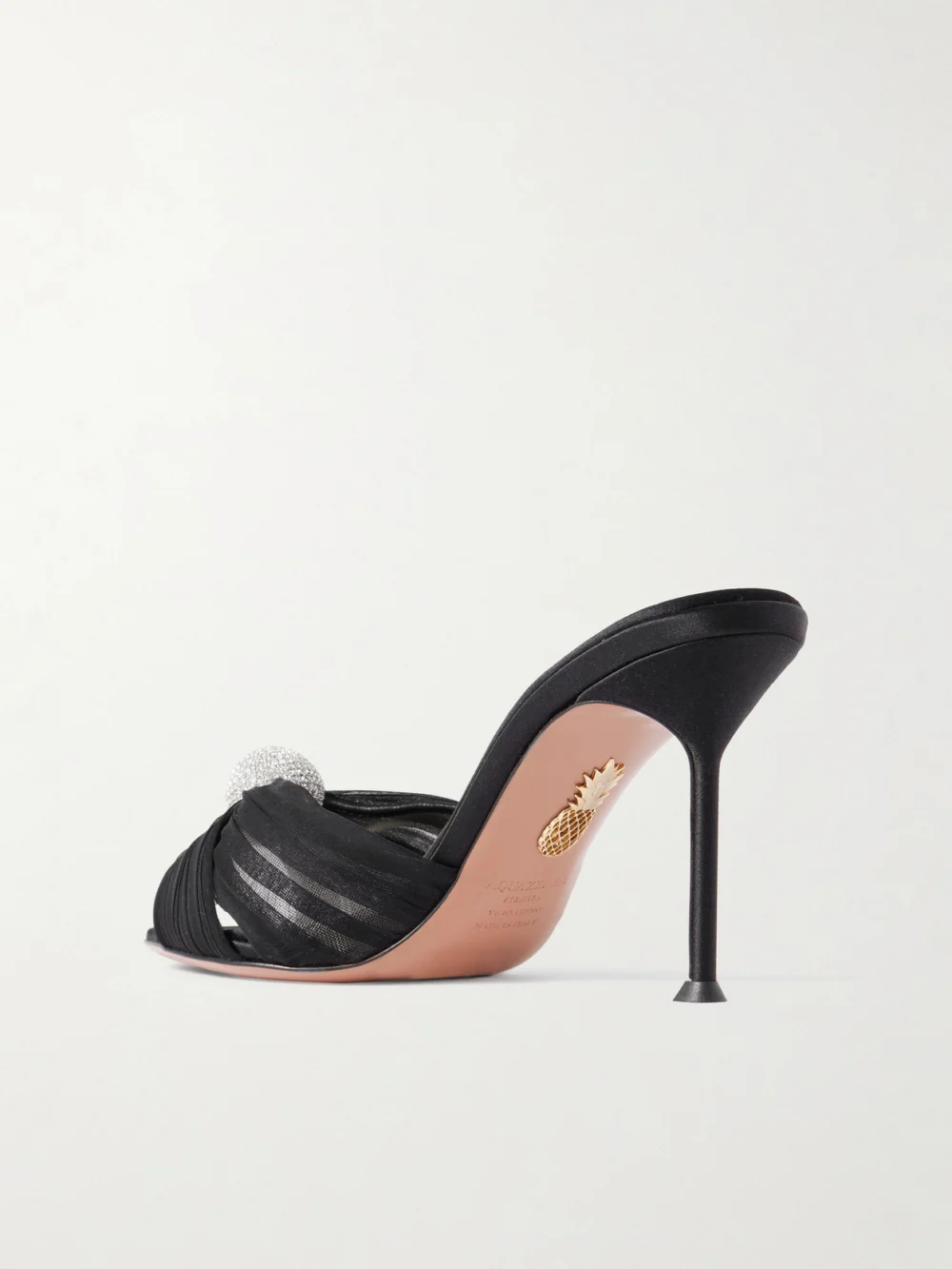 Back view of the Aquazzura Mystery 85 Crystal-embellished Leather-trimmed Chiffon Mules