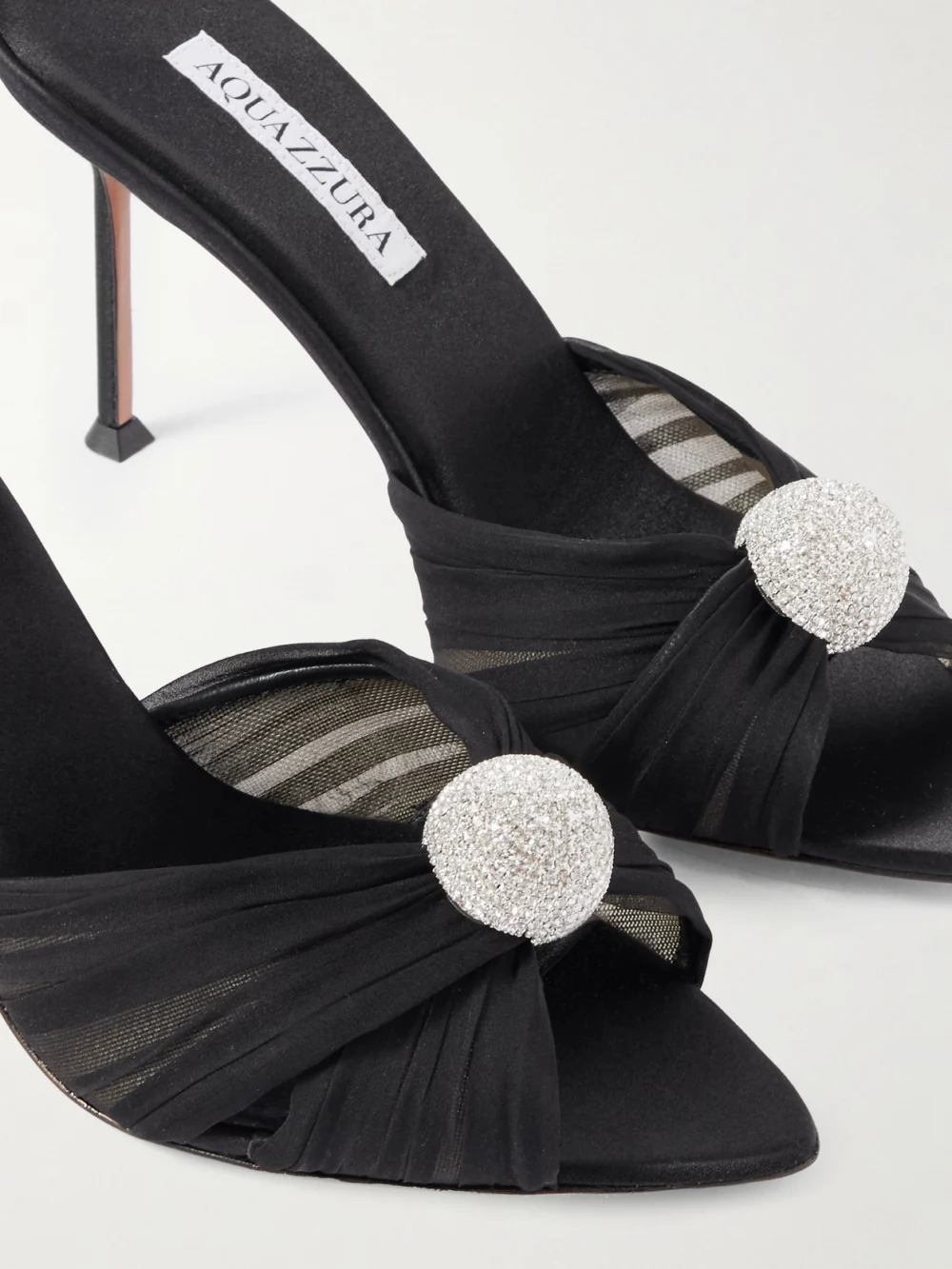 Close-up detail of the Aquazzura Mystery 85 Crystal-embellished Leather-trimmed Chiffon Mules