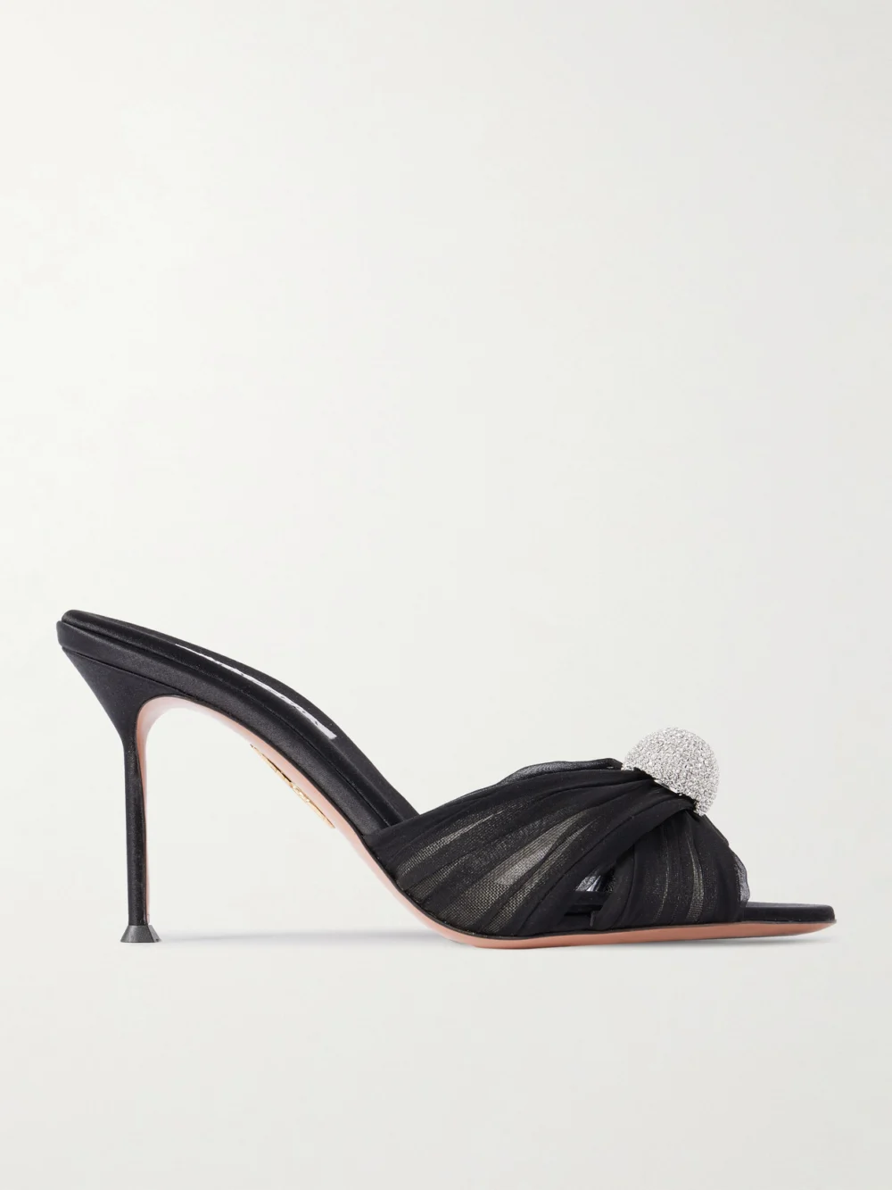 Aquazzura Mystery 85 Crystal-embellished Leather-trimmed Chiffon Mules in black