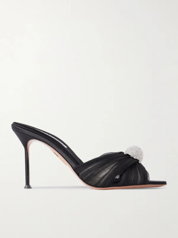 Aquazzura Mystery 85 Crystal-embellished Leather-trimmed Chiffon Mules