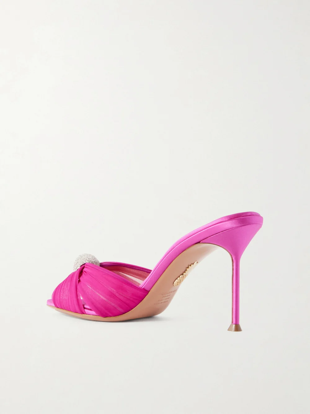 Back view of the Aquazzura Mystery 85 Crystal-embellished Leather-trimmed Chiffon Mules