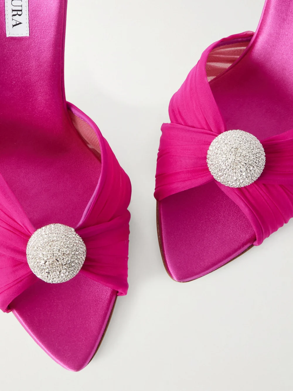 Close-up detail of the Aquazzura Mystery 85 Crystal-embellished Leather-trimmed Chiffon Mules