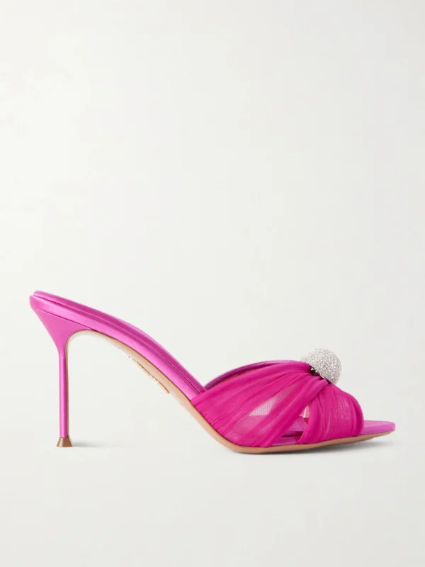 Aquazzura Mystery 85 Crystal-embellished Leather-trimmed Chiffon Mules