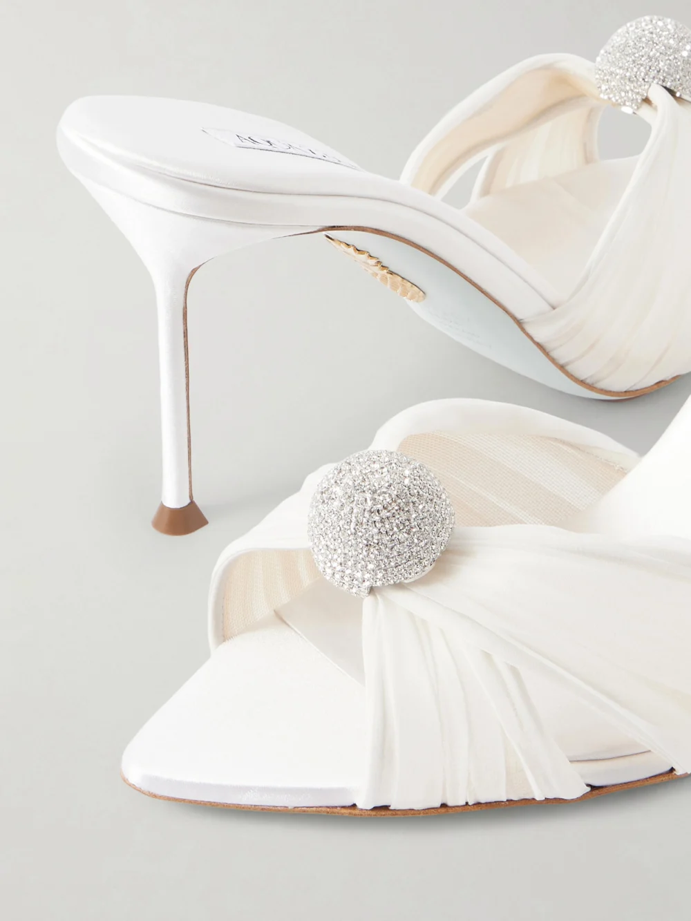 Close-up detail of the Aquazzura Mystery 85 Embellished Chiffon Mules