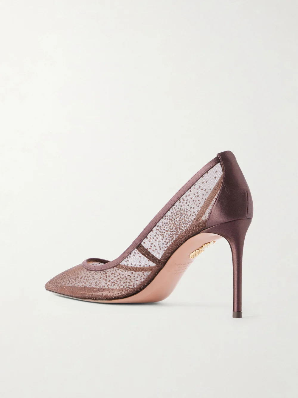Back view of the Aquazzura Nude 85 Satin-trimmed Embellished Mesh Pumps
