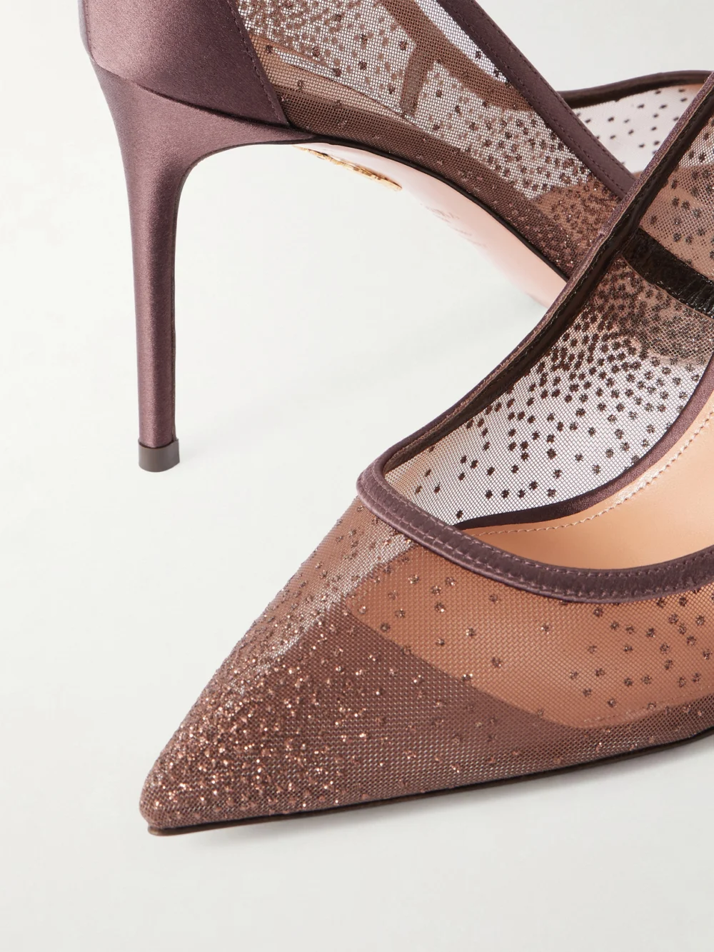 Close-up detail of the Aquazzura Nude 85 Satin-trimmed Embellished Mesh Pumps