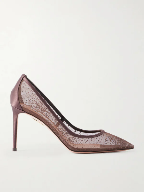 Aquazzura Nude 85 Satin-trimmed Embellished Mesh Pumps