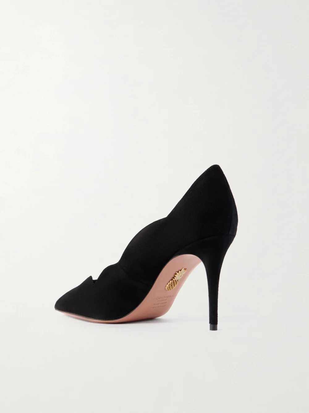 Back view of the Aquazzura Petal 85 Scalloped Suede Pumps