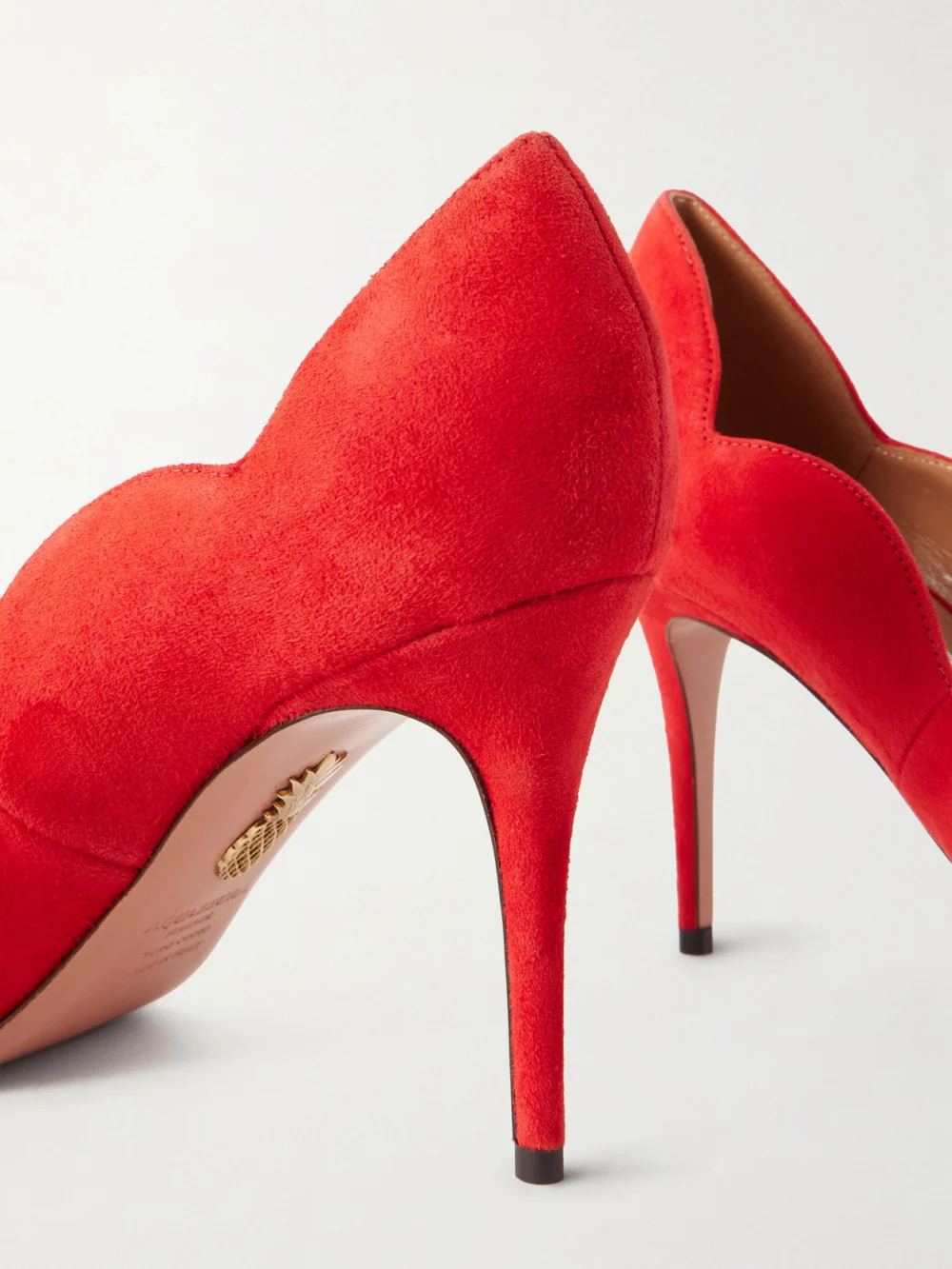 Close-up detail of the Aquazzura Petal 85 Suede Pumps