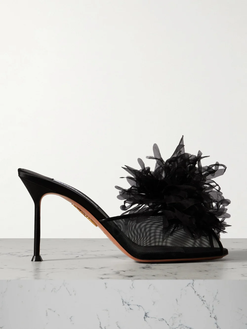 Aquazzura Poème 85 Embellished Organza and Leather-trimmed Mesh Mules in black