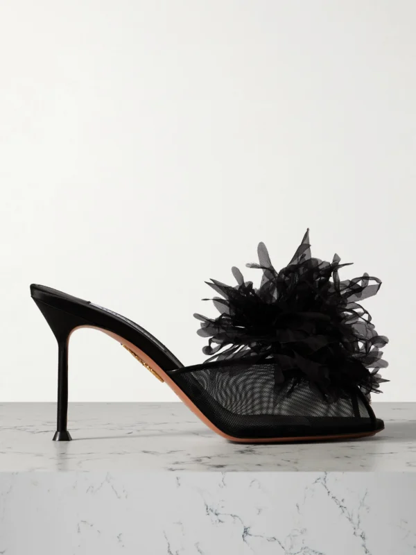 Aquazzura Poème 85 Embellished Organza and Leather-trimmed Mesh Mules