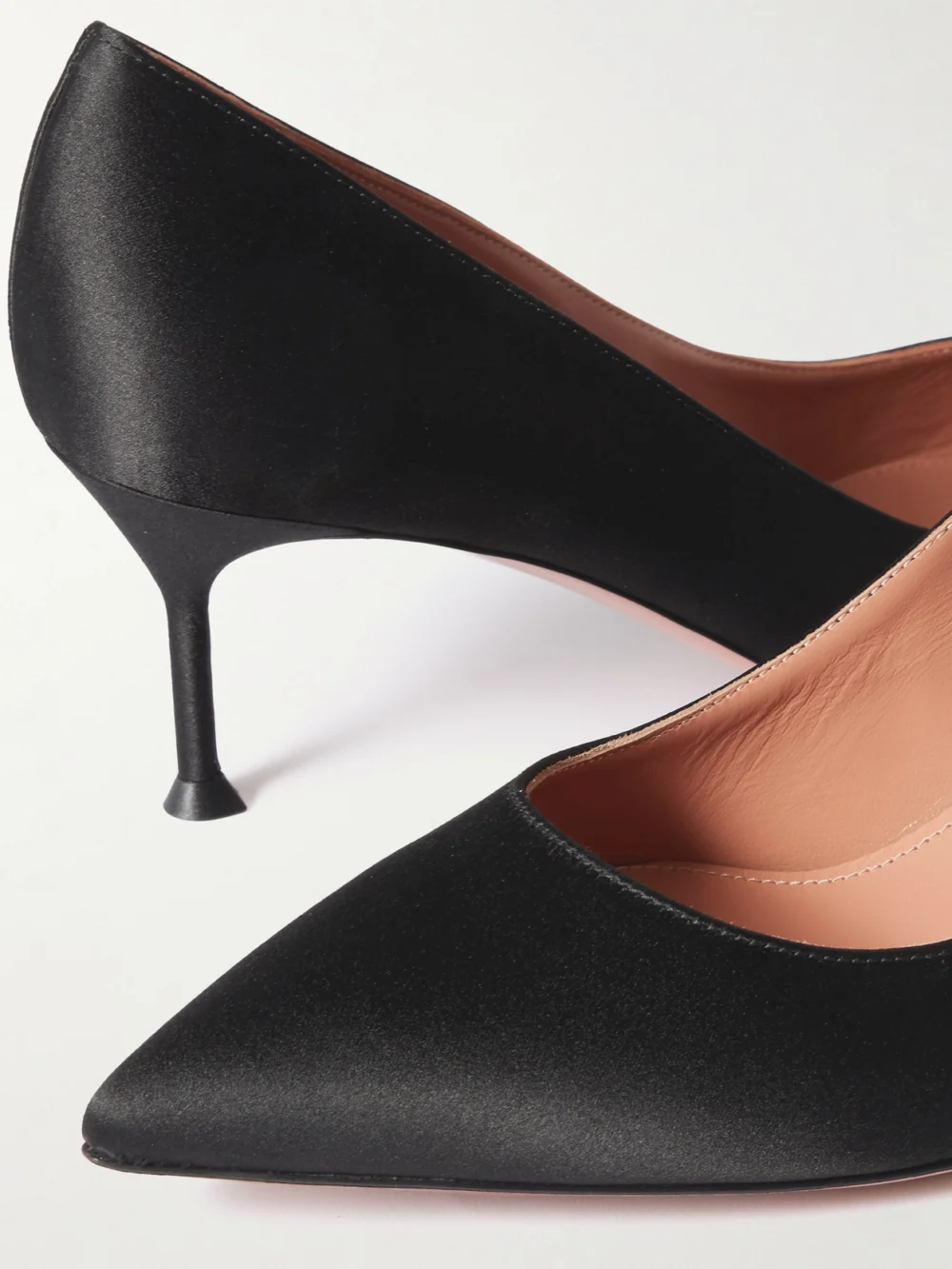Close-up detail of the Aquazzura Purist 65 Satin Point-toe Pumps