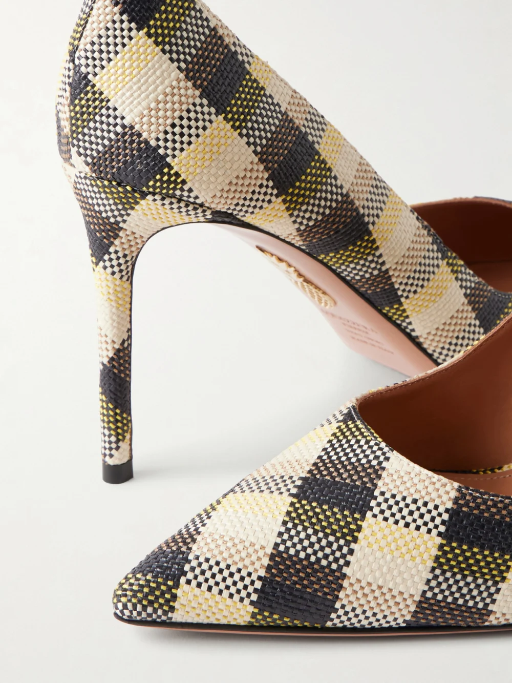 Close-up detail of the Aquazzura Purist 85 Checked Raffia Pumps