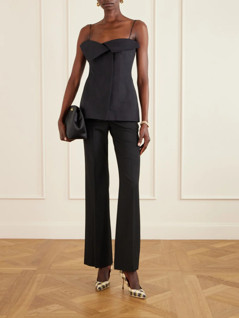 Aquazzura Purist 85 Checked Raffia Pumps, styled view