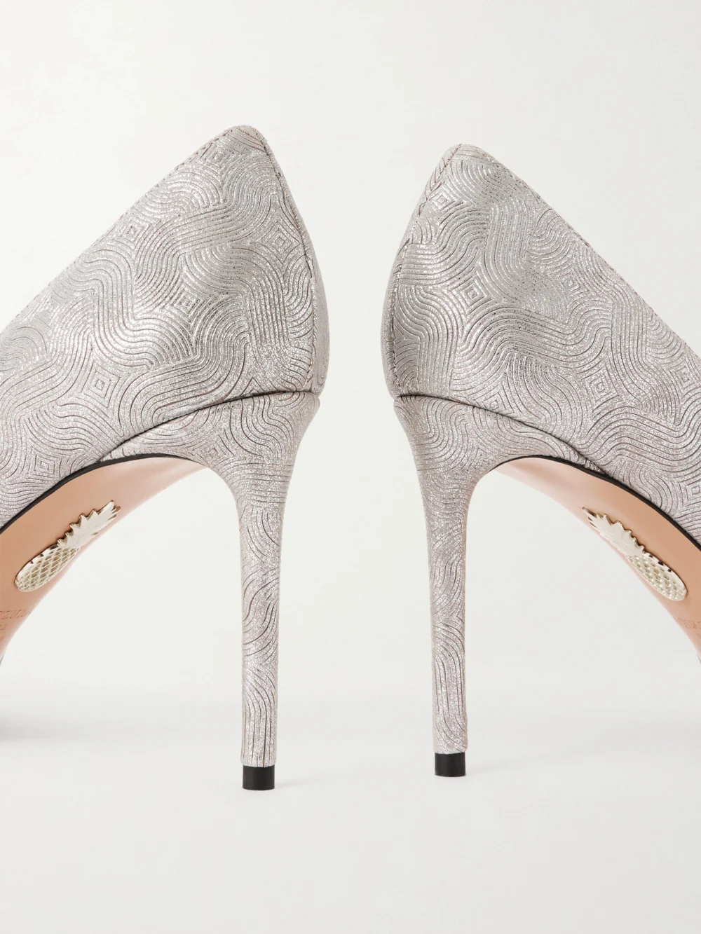 Close-up detail of the Aquazzura Purist 85 Metallic Leather Pumps