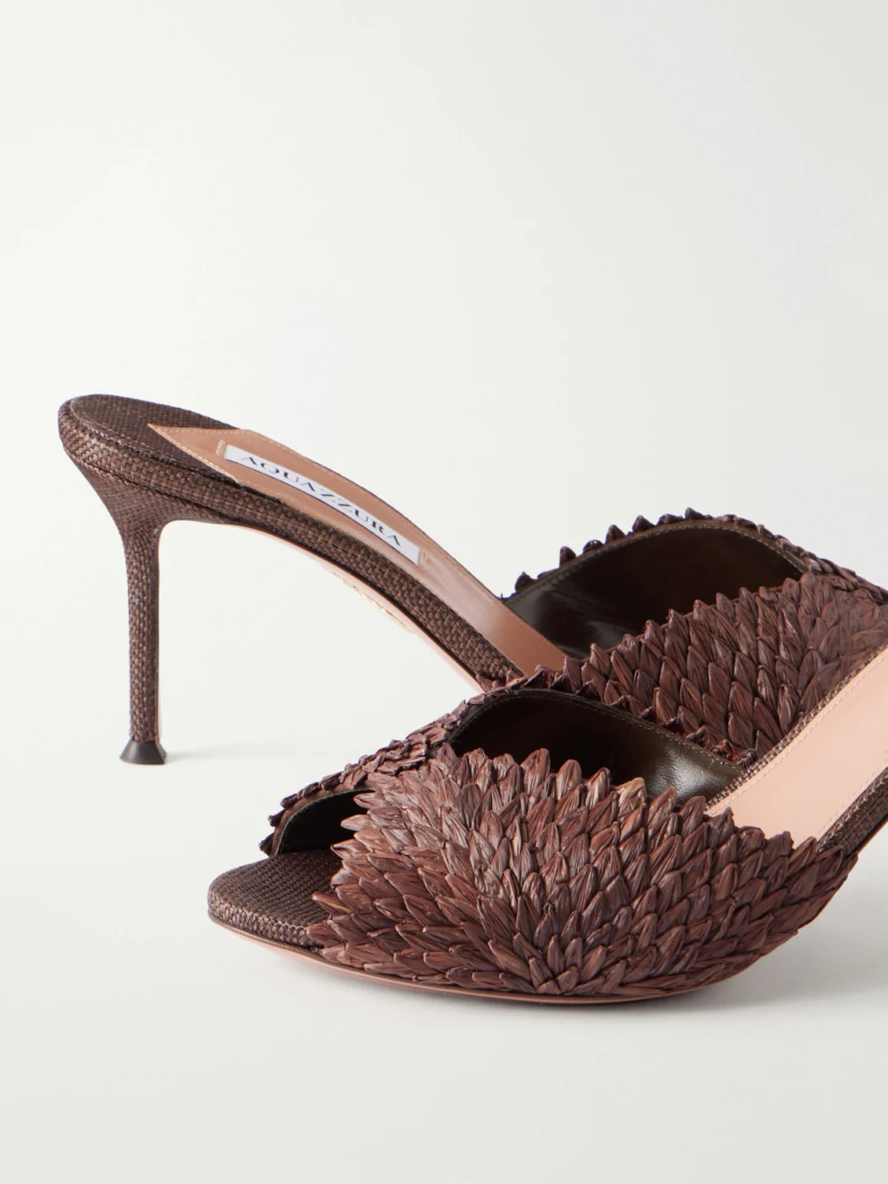 Close-up detail of the Aquazzura Rio Flirt 75 Raffia Mules