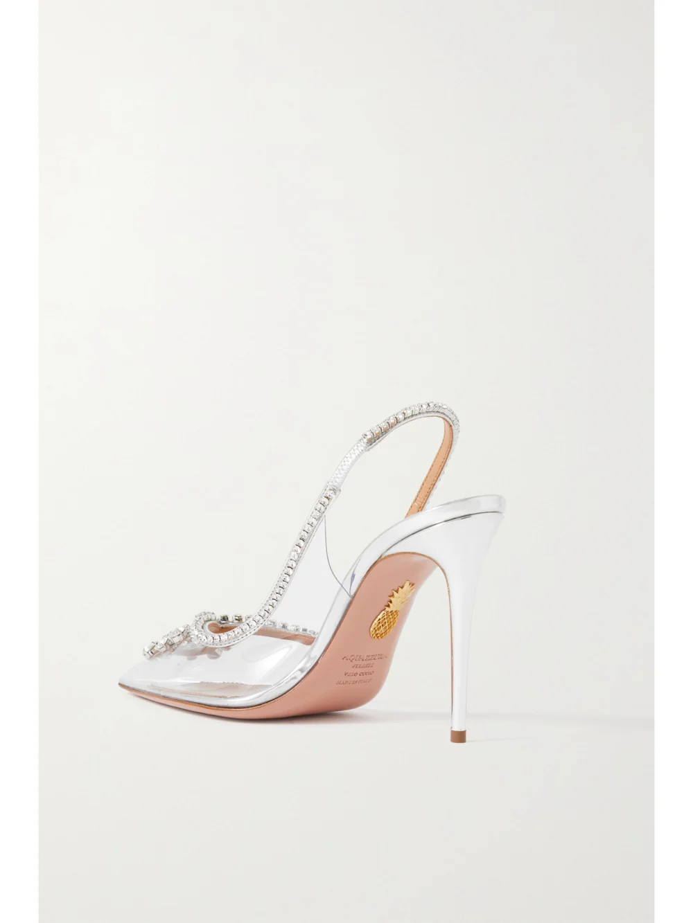Back view of the Aquazzura Seduction 105 Crystal-embellished Metallic Leather and Pvc Slingback Pumps