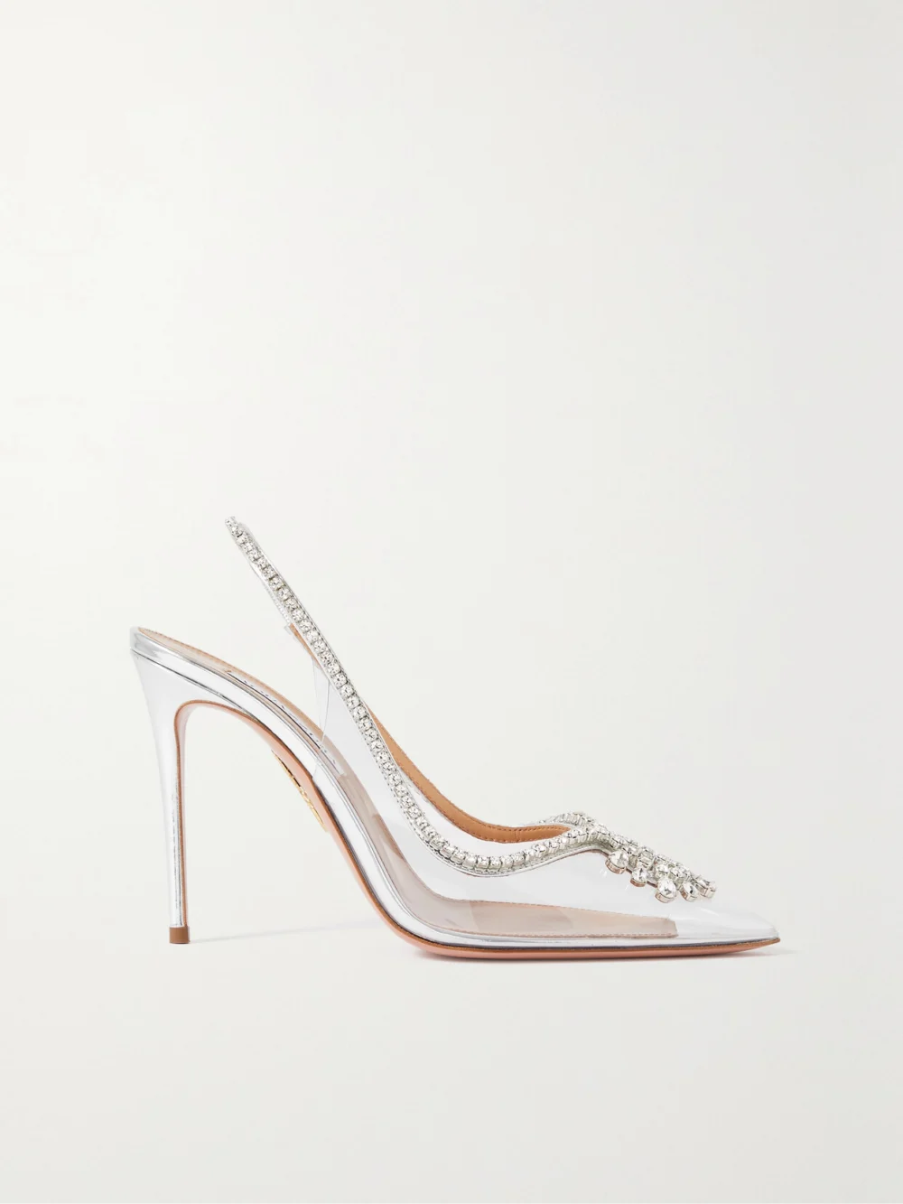 Aquazzura Seduction 105 Crystal-embellished Metallic Leather and Pvc Slingback Pumps in silver