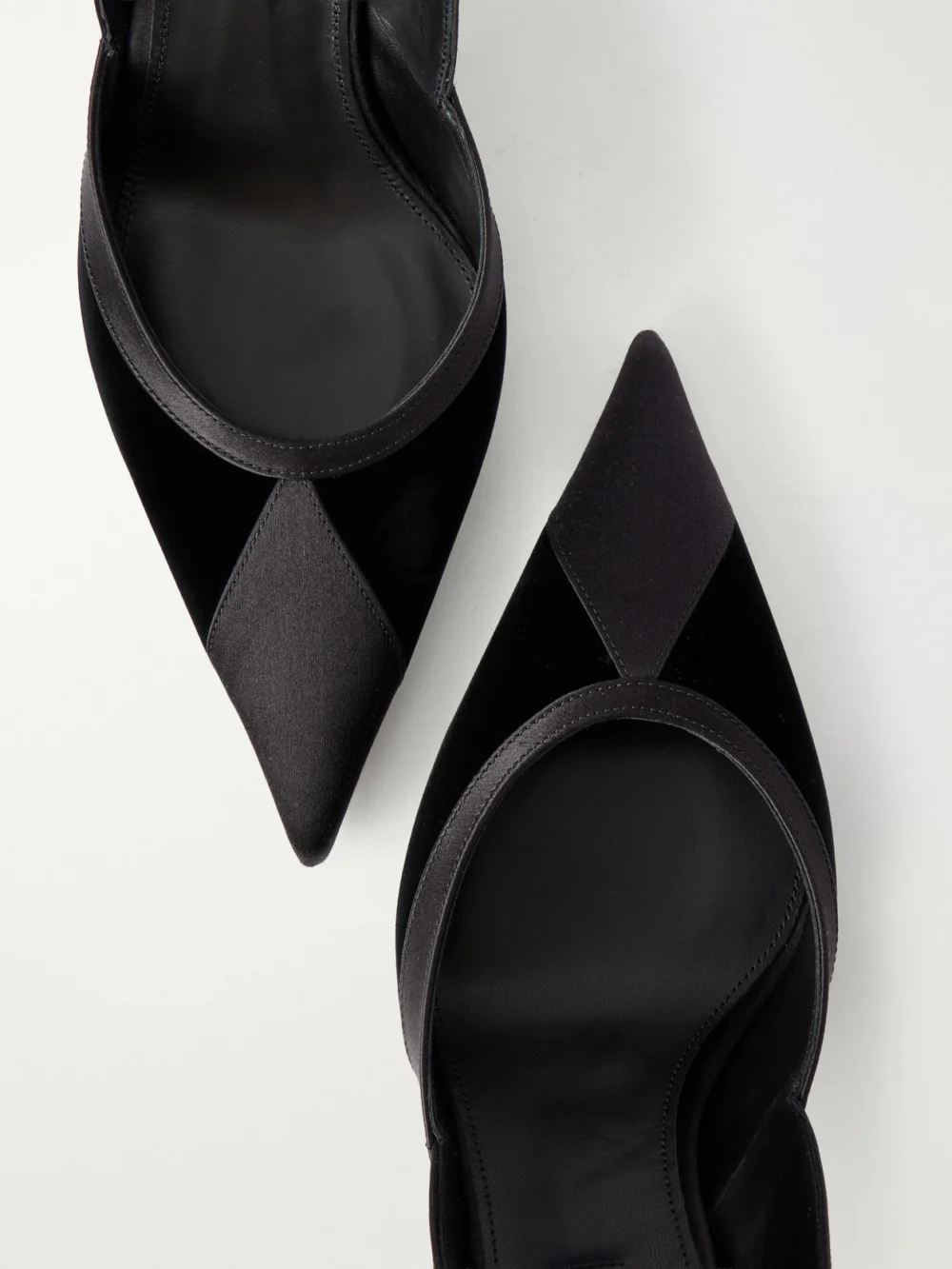 Close-up detail of the Aquazzura Shadow 85 Velvet and Satin Pumps