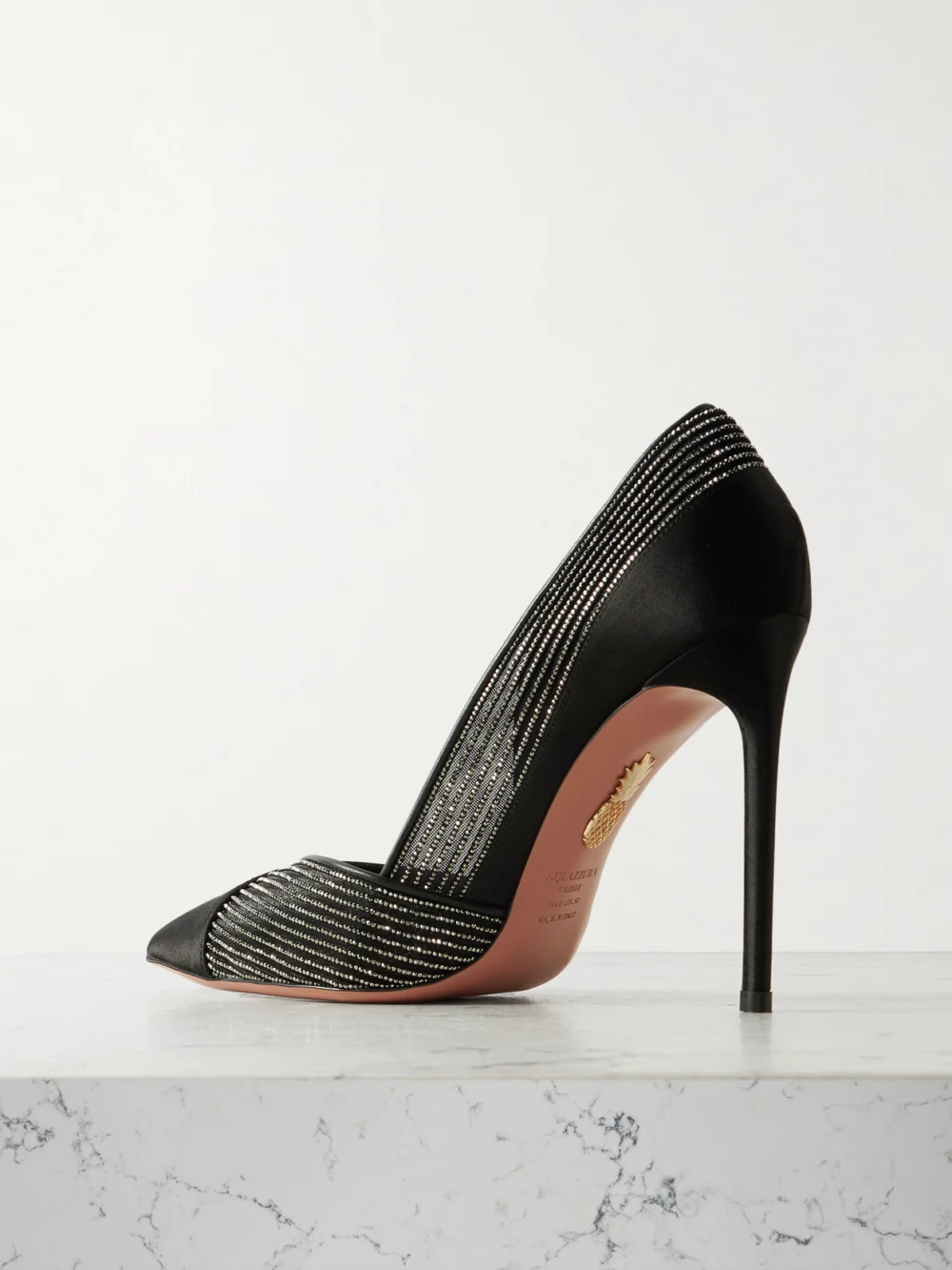 Back view of the Aquazzura Shimmer 105 Crystal-embellished Mesh-trimmed Satin Pumps