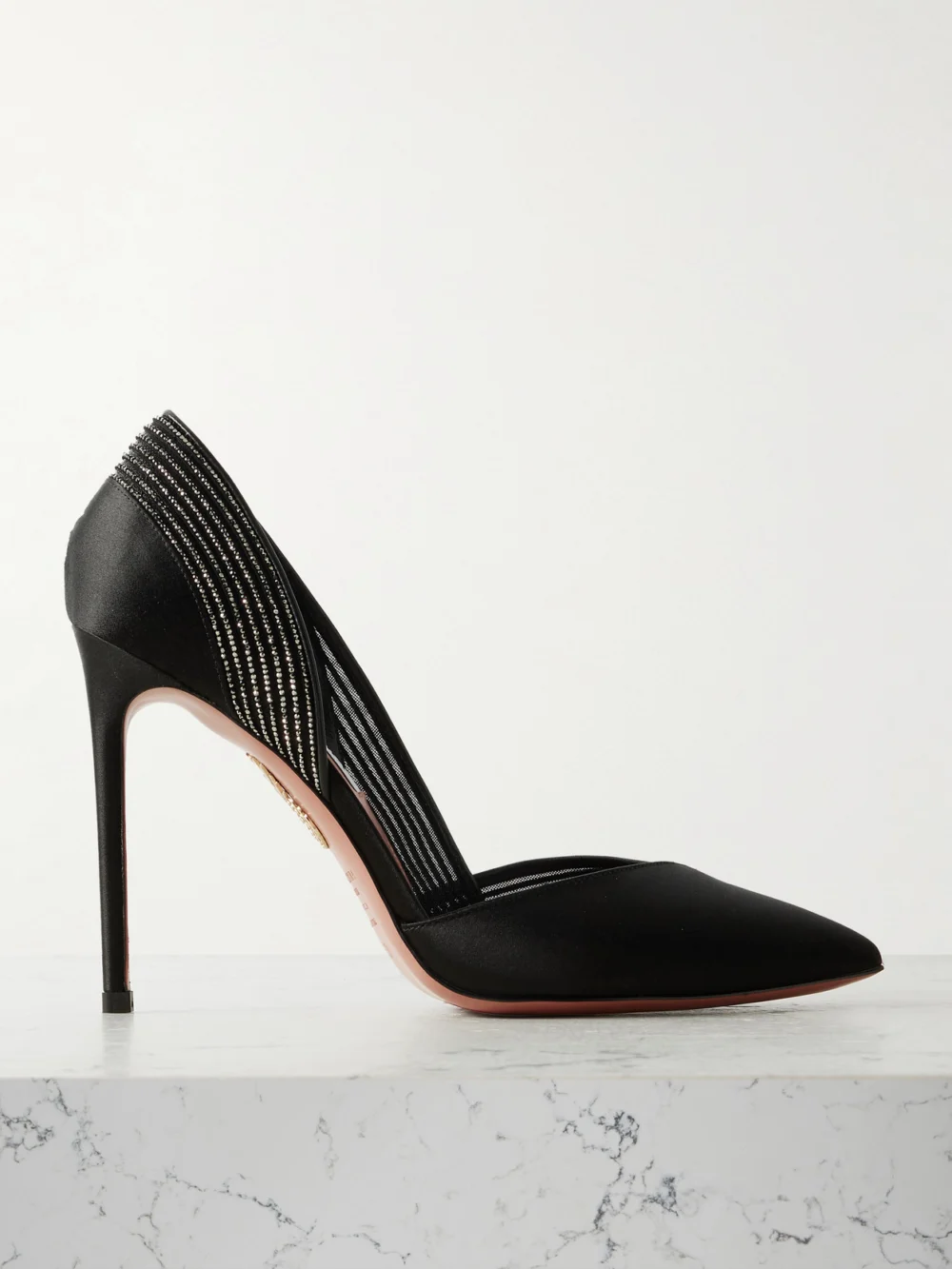 Aquazzura Shimmer 105 Crystal-embellished Mesh-trimmed Satin Pumps in black