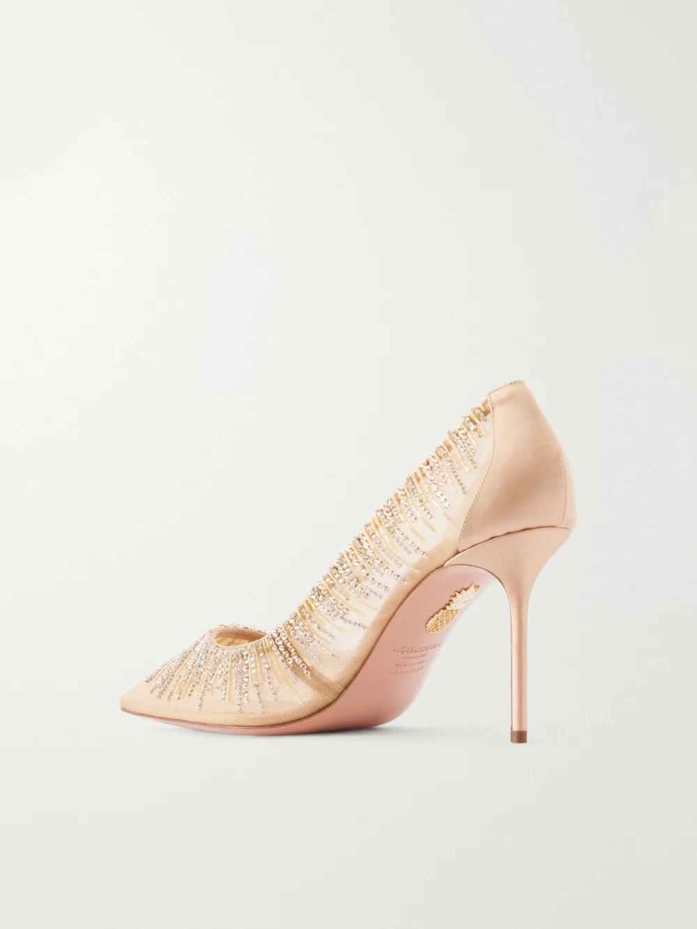 Back view of the Aquazzura Soft Sky 85 Crystal and Bead-embellished Satin-trimmed Mesh Pumps