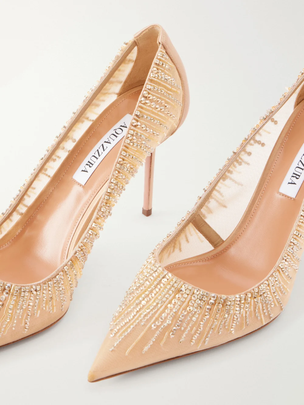 Close-up detail of the Aquazzura Soft Sky 85 Crystal and Bead-embellished Satin-trimmed Mesh Pumps