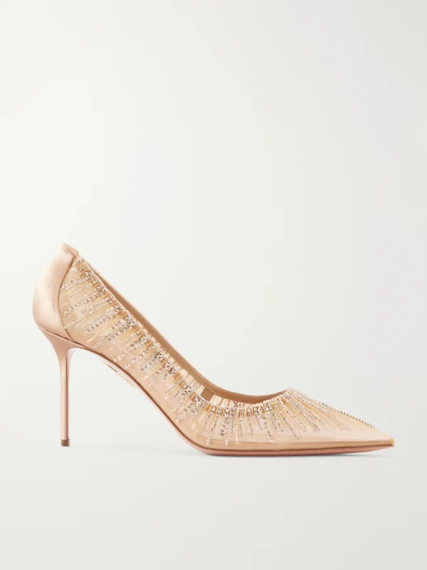 Aquazzura Soft Sky 85 Crystal and Bead-embellished Satin-trimmed Mesh Pumps