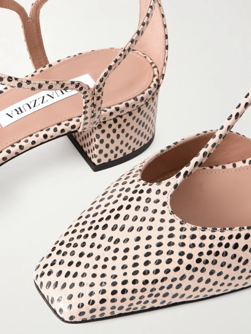 Close-up detail of the Aquazzura Sorbonne 35 Polka-dot Textured-leather Pumps