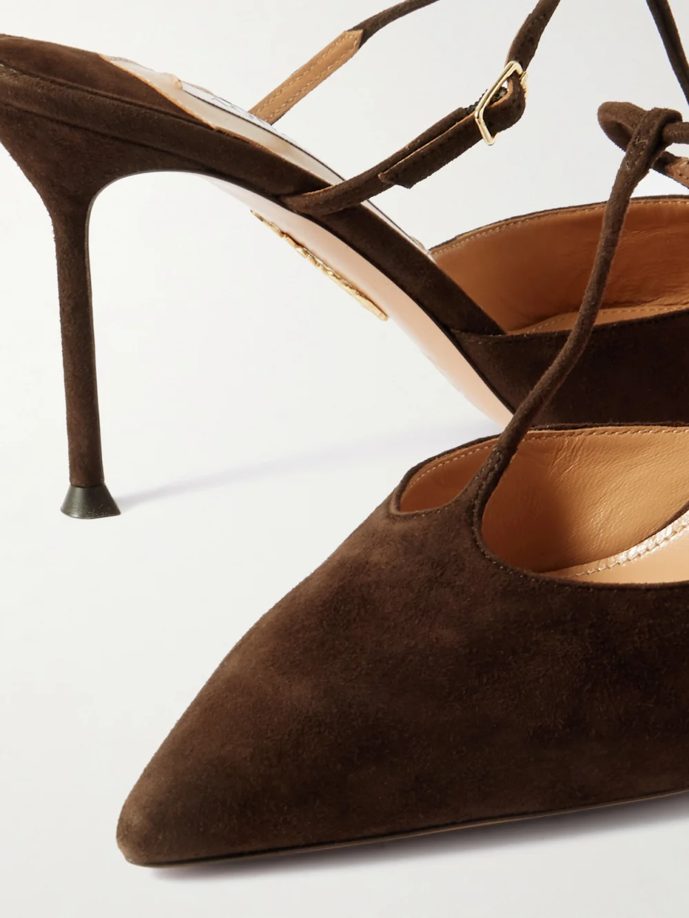 Close-up detail of the Aquazzura Sorbonne 85 Suede Mules