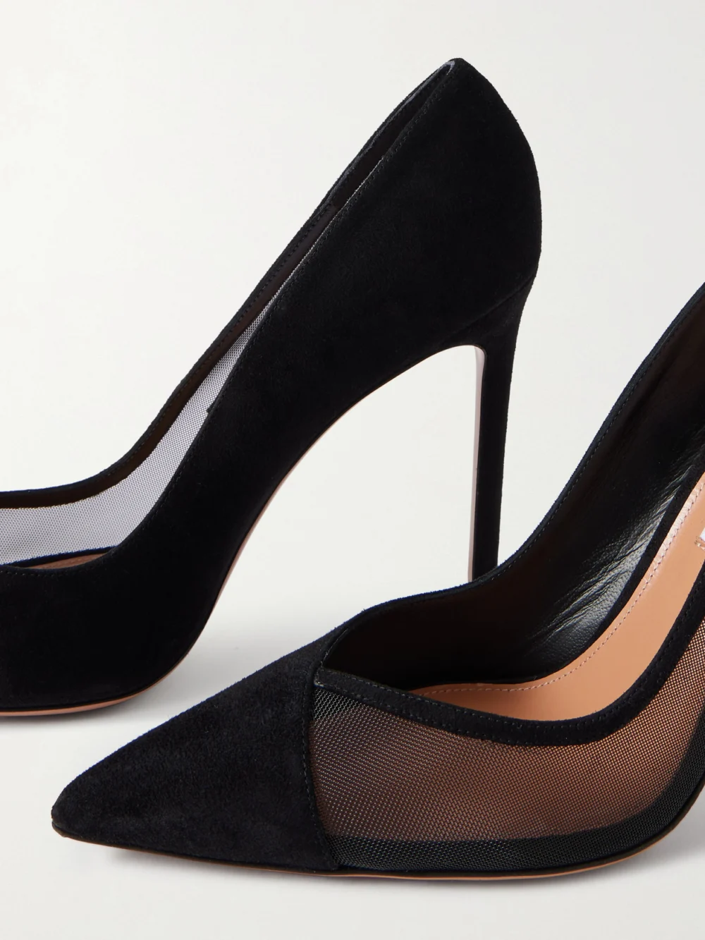 Close-up detail of the Aquazzura Studio 105 Mesh-paneled Suede Pumps