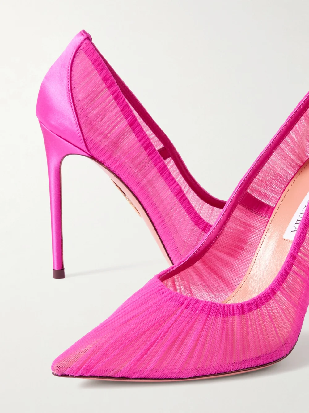 Close-up detail of the Aquazzura Voile 105 Pleated Satin-trimmed Tulle Pumps