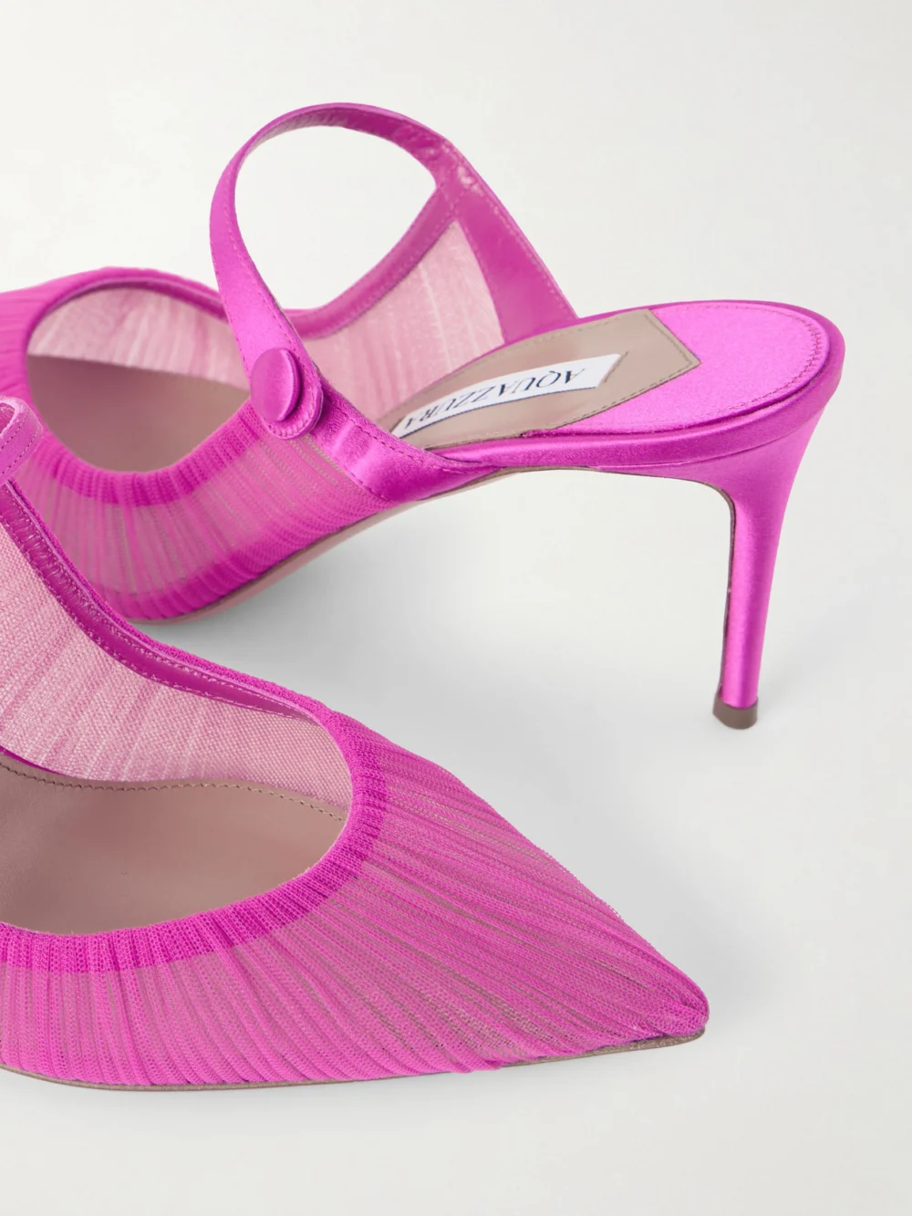Close-up detail of the Aquazzura Voile 75 Satin-trimmed Tulle Mules