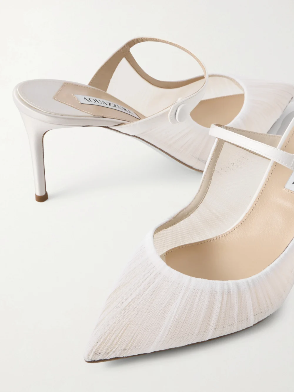 Close-up detail of the Aquazzura Voile 75 Satin-trimmed Tulle Mules